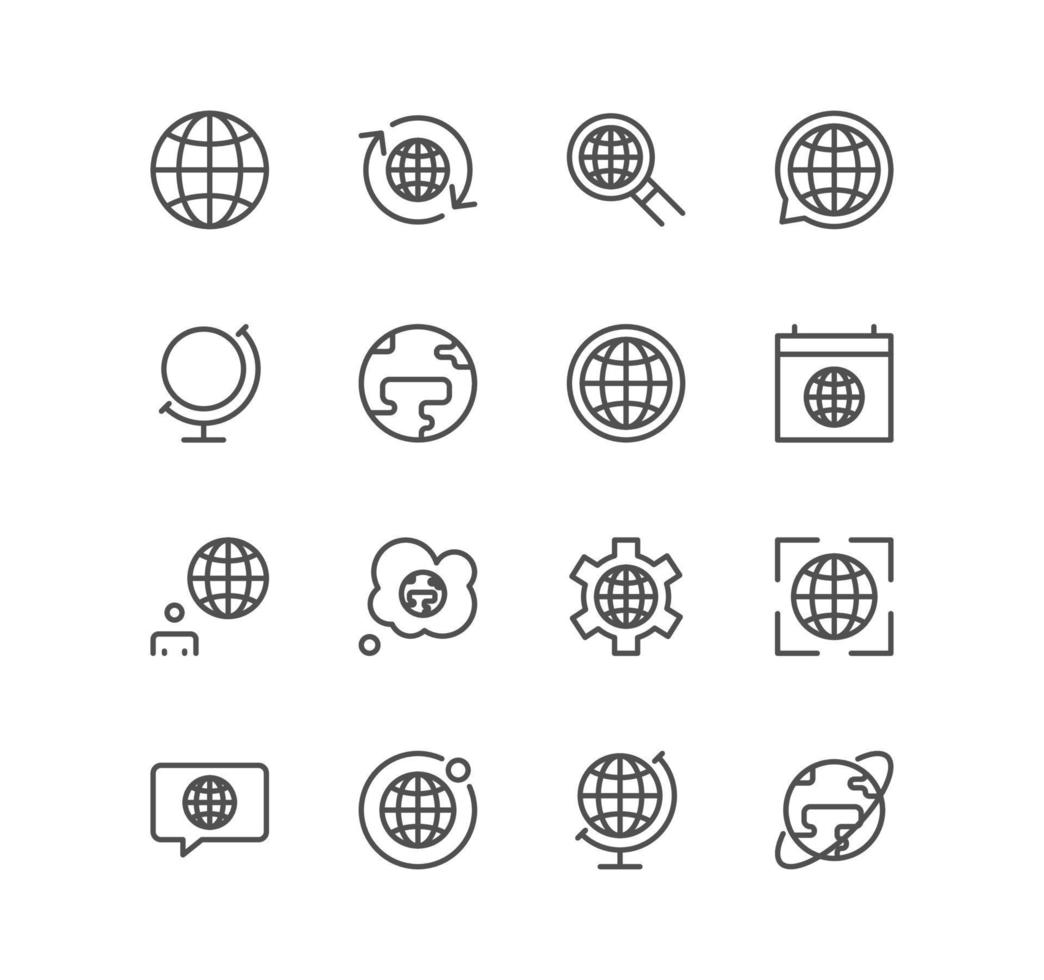 conjunto de globo e ícones relacionados, mapa do mundo, conexões, negócios globais, viagens e vetores de variedade linear.