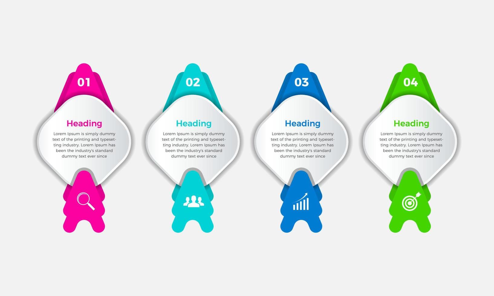 design criativo de elementos do vetor infográfico. pode ser usado para apresentações de processo, fluxograma, gráfico de informações. modelo de design infográfico de negócios com 4 ou quatro etapas, opções ou processos