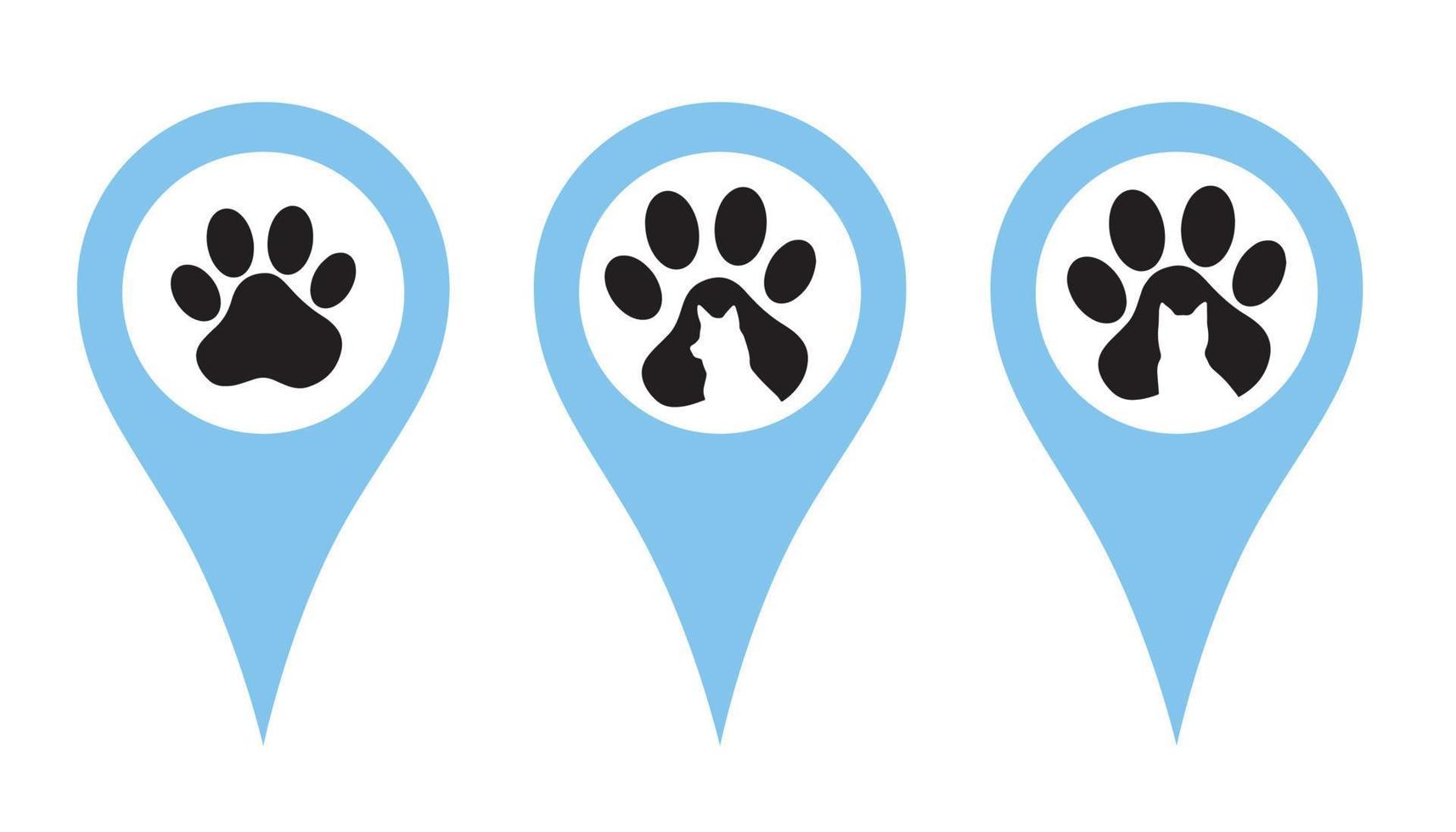 conjunto de pinos de localização. pinos indicando a localização de uma clínica veterinária, loja de animais, centro de cuidados com animais. crachás com pegadas, uma silhueta de um cachorro e um gato. ilustração vetorial em um estilo simples. vetor