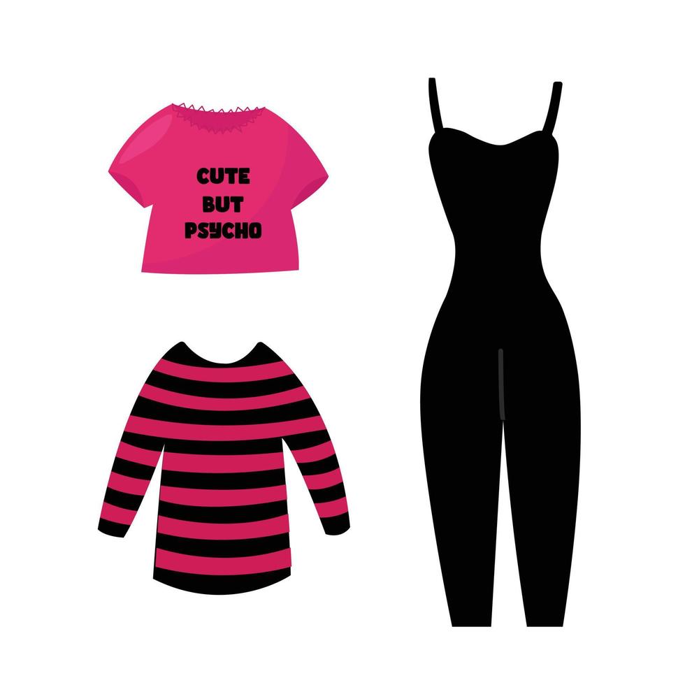 roupas de menina emo definidas nas cores rosa e preto. estilo gótico emo definir ilustração. vetor