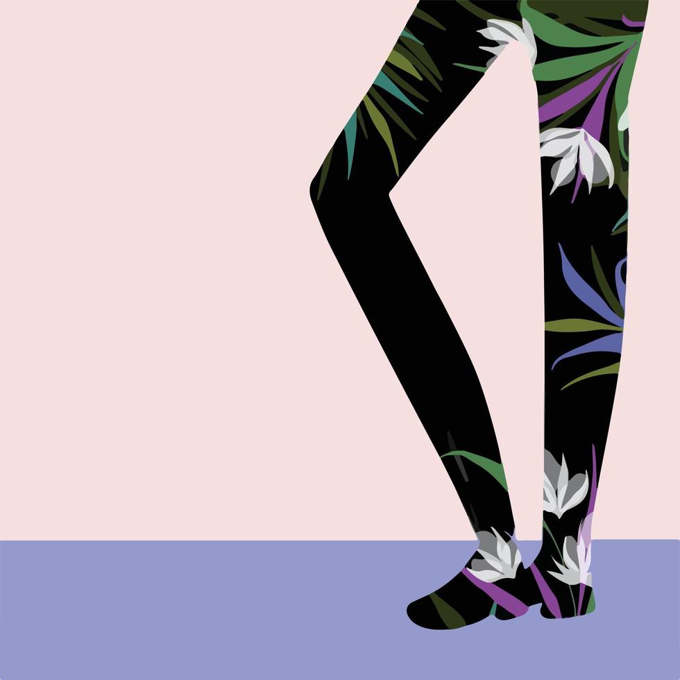 pernas humanas femininas com pose de pé. silhueta de pé com decoração de padrão botânico isolada na parede marrom lisa e pisos azuis. espaço de cópia vazio para o modelo de mídia social. pano de fundo quadrado. vetor