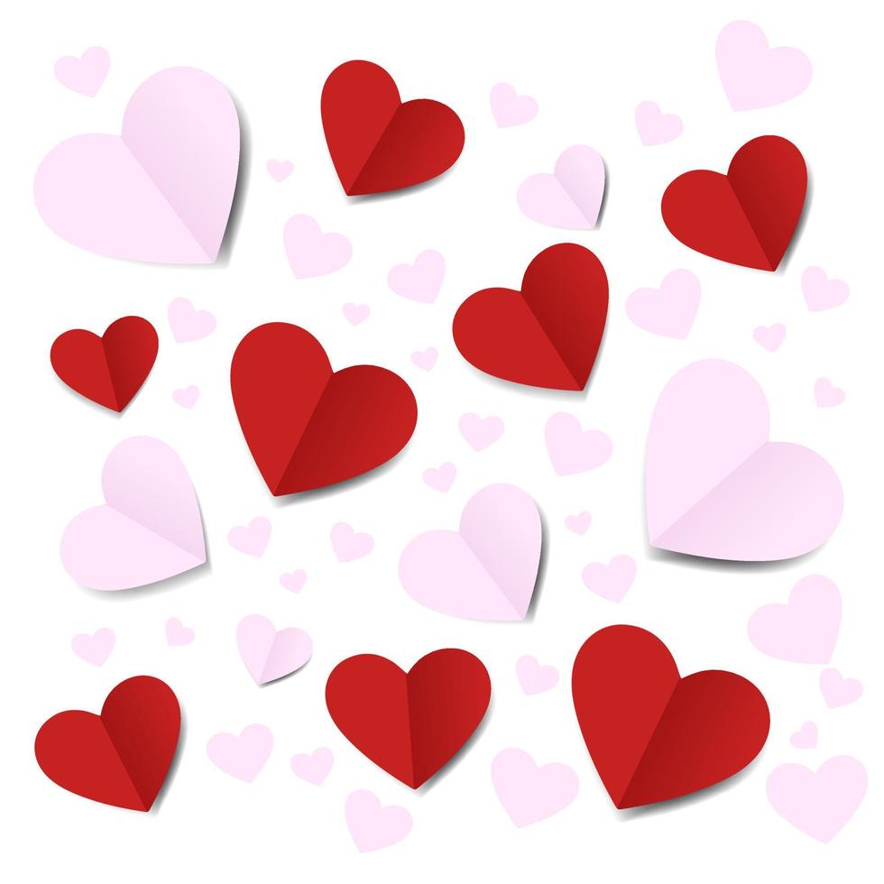 dia dos namorados rosa rosa e corações de gradiente vermelho conjunto isolado no fundo branco. ilustração vetorial. símbolo de amor pastel de origami de papel. ícones dos namorados, padrão de cabeçalho de conceito, lugar para texto vetor