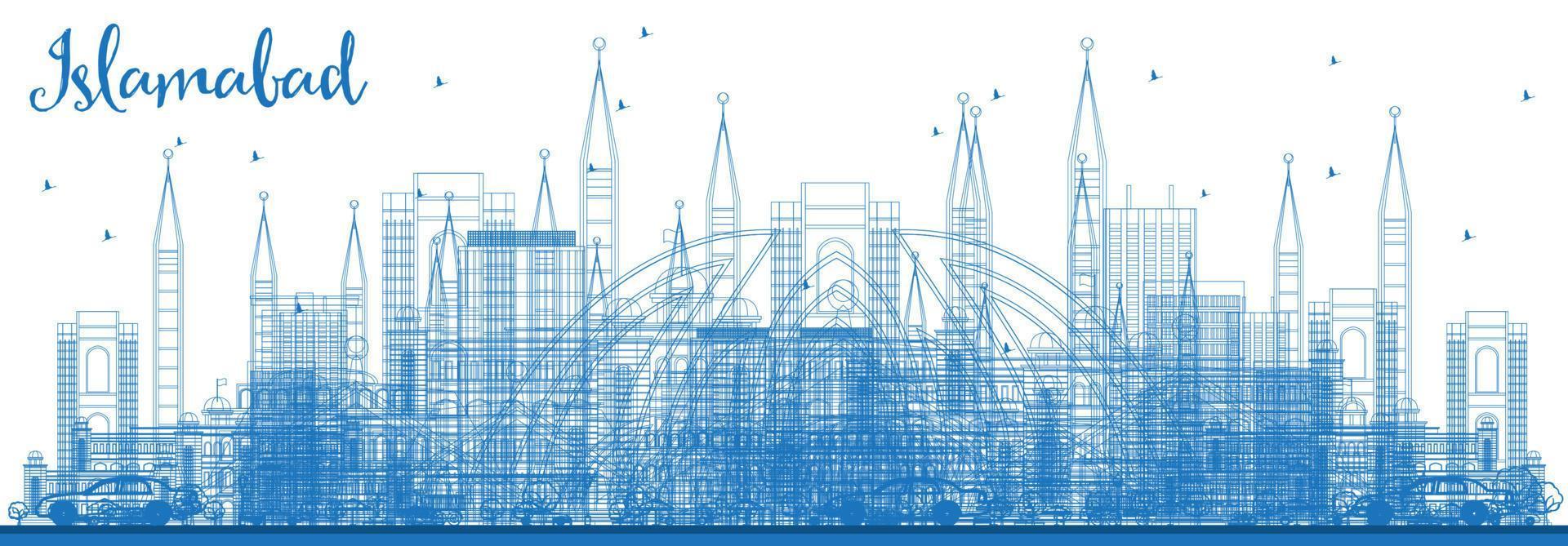 delineie o horizonte da cidade de islamabad paquistão com edifícios azuis. vetor