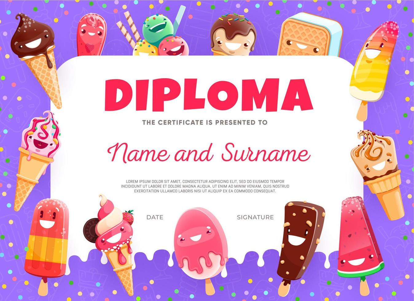 diploma infantil cartoon engraçado sorvete sobremesas vetor