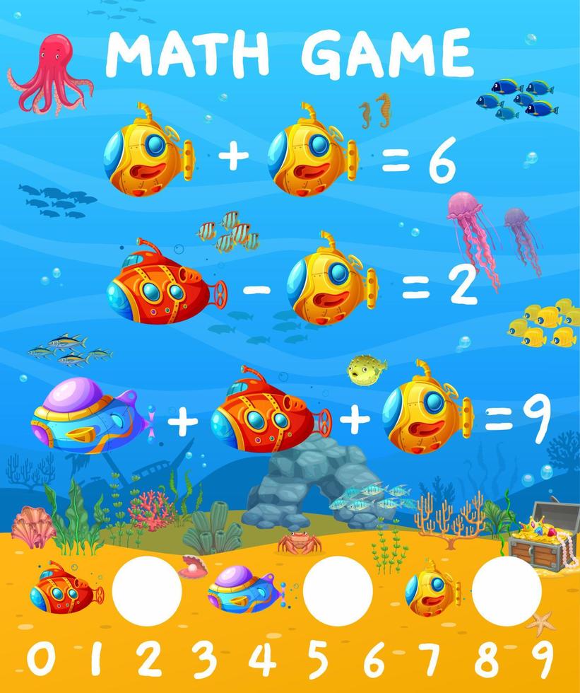 jogo de matemática cartoon submarinos e batiscafos vetor
