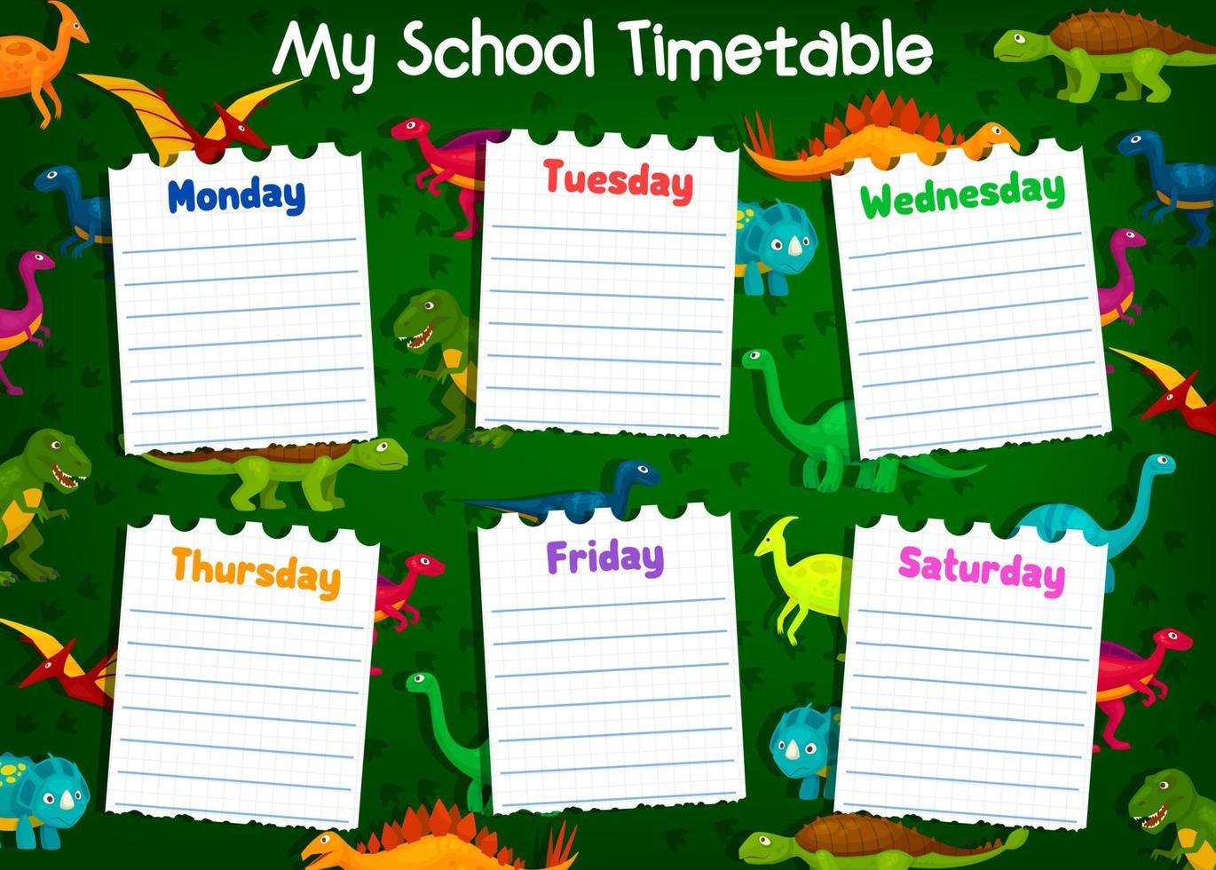 calendário escolar com horário de aulas, dinossauros vetor