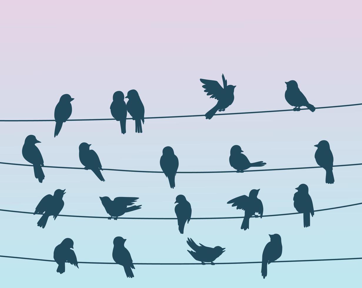 pássaros pardais voam em fundo de fios de linha de energia vetor