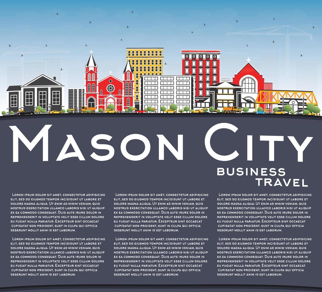 Mason city iowa skyline com edifícios coloridos, céu azul e espaço para texto. vetor