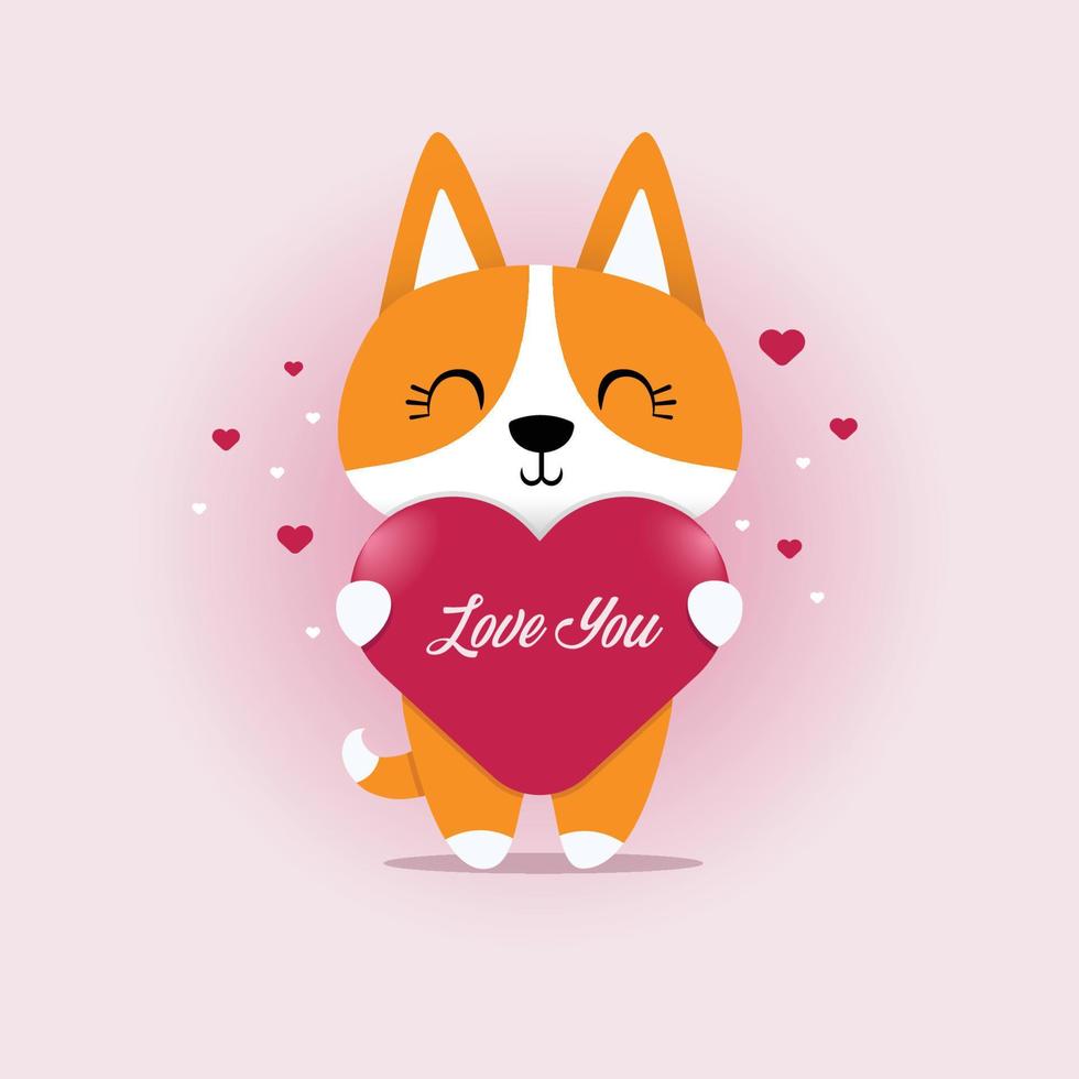 feliz dia dos namorados, com o tema de uma raposa fofa segurando um símbolo de coração com as palavras, te amo. vetor