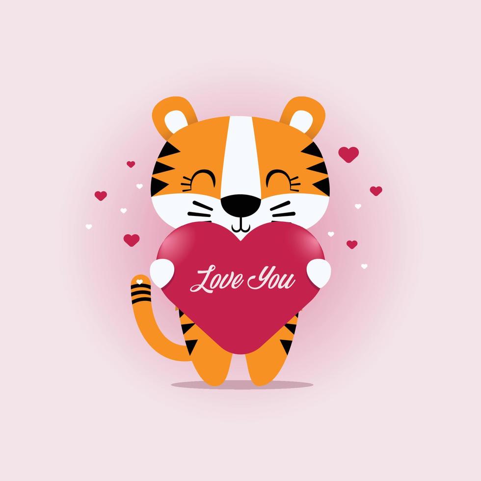 feliz dia dos namorados, com o tema de um lindo tigre segurando um símbolo de coração com as palavras, te amo. vetor