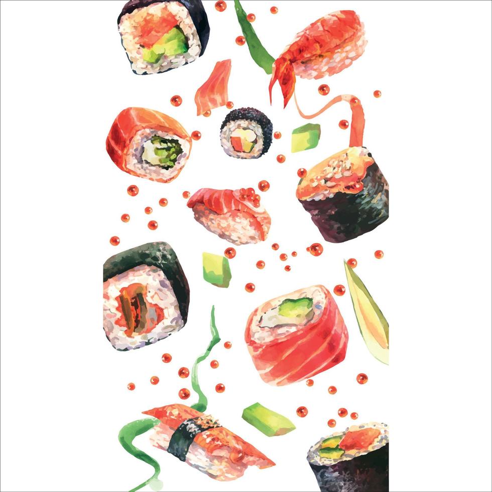 padrão de aquarela com sushi. fundo abstrato de comida. sushi voador, sashimi e pãezinhos isolados no fundo branco. vetor