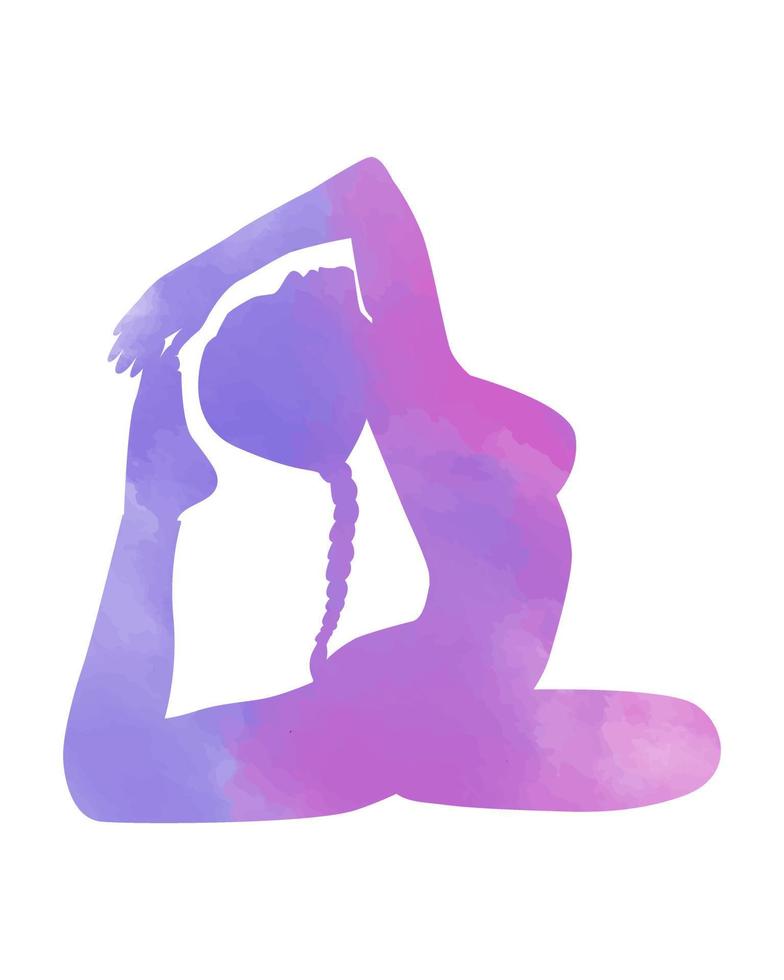 silhueta de mulher de ioga em pose de pombo rei, desenho de mão de aquarela roxa violeta de textura. vetor