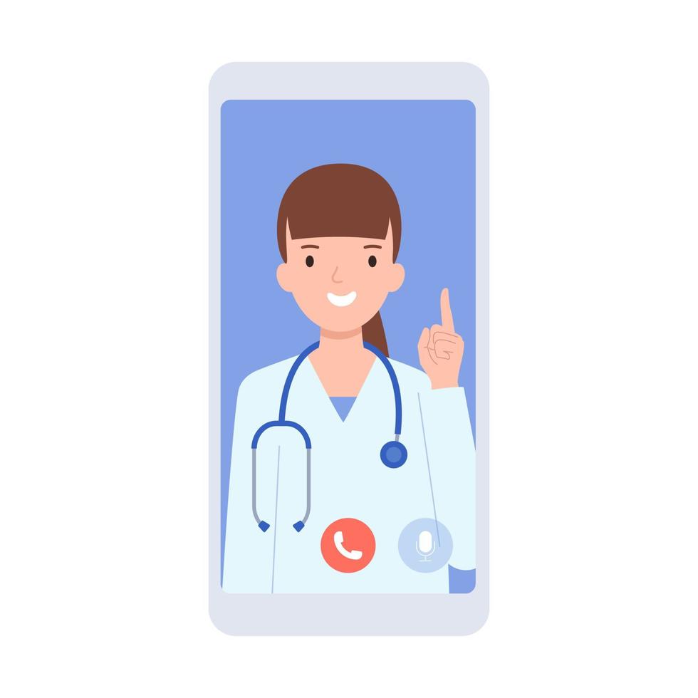 smartphone com uma chamada de vídeo na tela. a médica diz alguma coisa, levantando o dedo. serviços de saúde modernos e conceito de telemedicina online. ilustração em vetor plana.