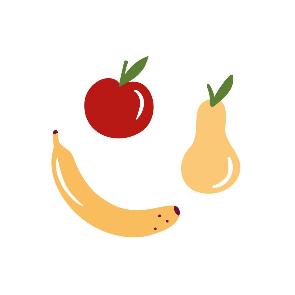 frutas para um lanche, maçã, pêra e banana. ilustração para fundos, capas e embalagens. imagem pode ser usada para cartões, cartazes, adesivos e têxteis. isolado no fundo branco. vetor