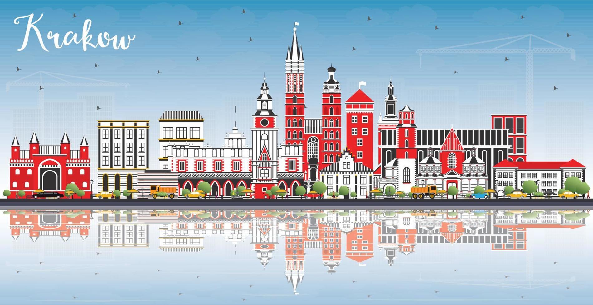 horizonte da cidade de cracóvia polônia com edifícios de cor, céu azul e reflexões. vetor
