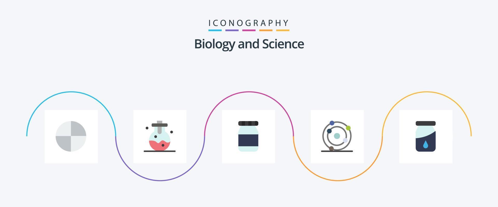 pacote de ícones de 5 planos de biologia, incluindo . átomo. medicamento. garrafa vetor