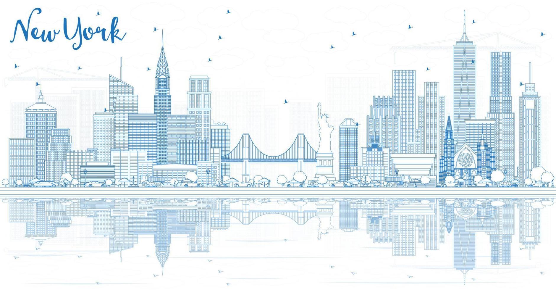 delineie o horizonte da cidade de nova york eua com edifícios azuis e reflexões. vetor