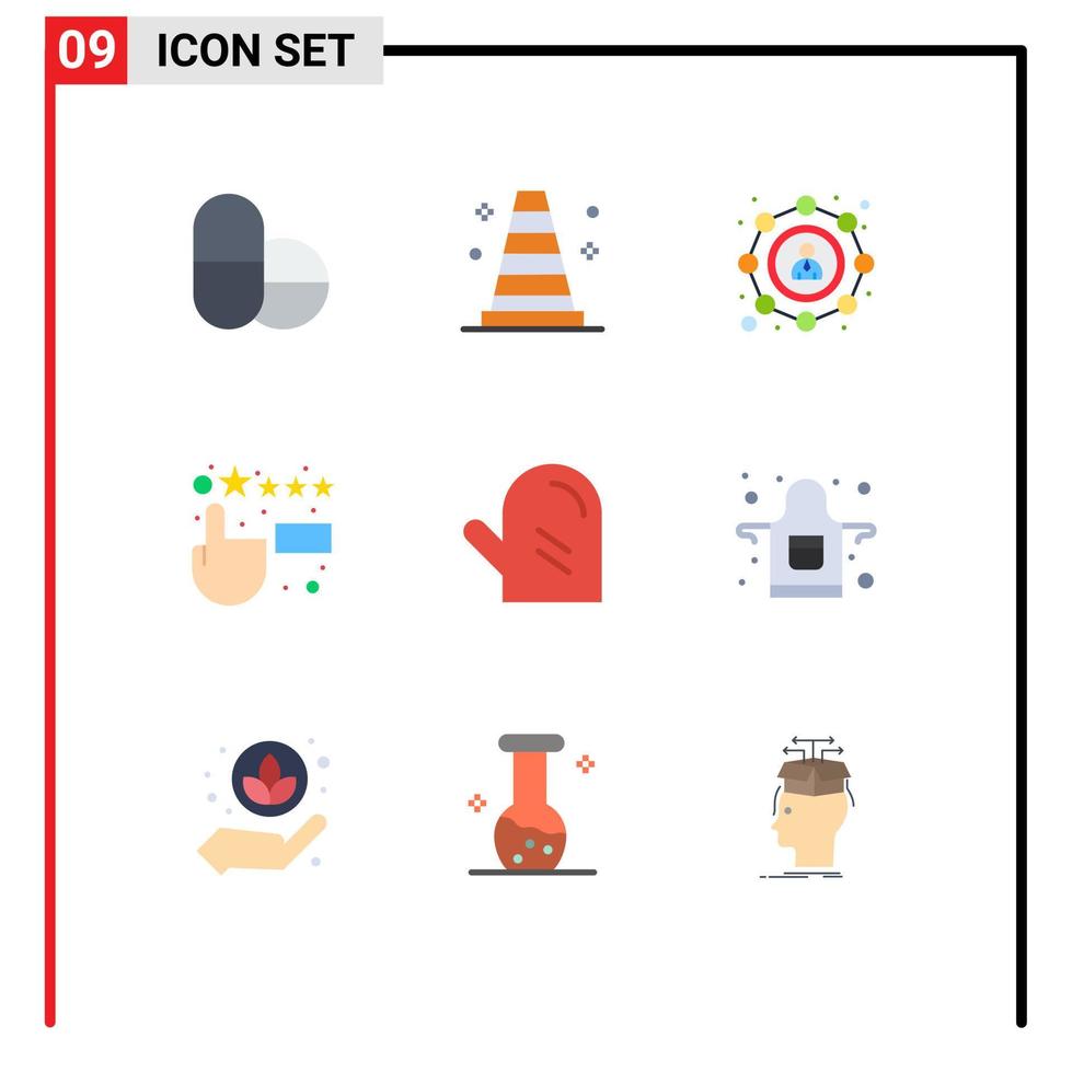 conjunto de cores planas de interface móvel de 9 pictogramas de luva de usuário de cozinha, bebida, elementos de design de vetores editáveis