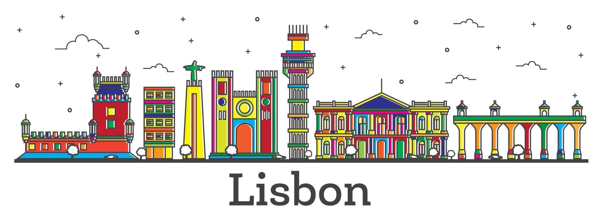delineie o horizonte da cidade de lisboa portugal com edifícios coloridos isolados em branco. vetor