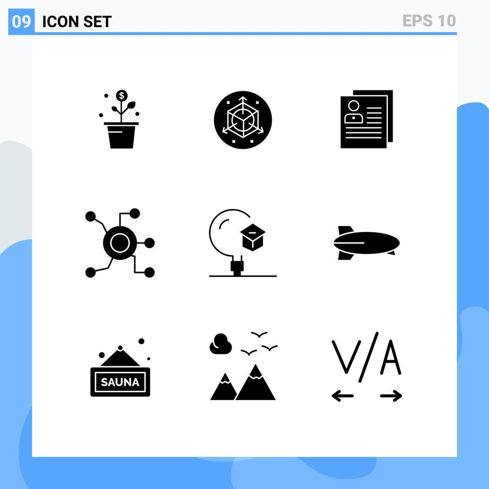 pacote de glifos sólidos de 9 símbolos universais de arquivo de dados de perfil de rede circular elementos de design de vetores editáveis