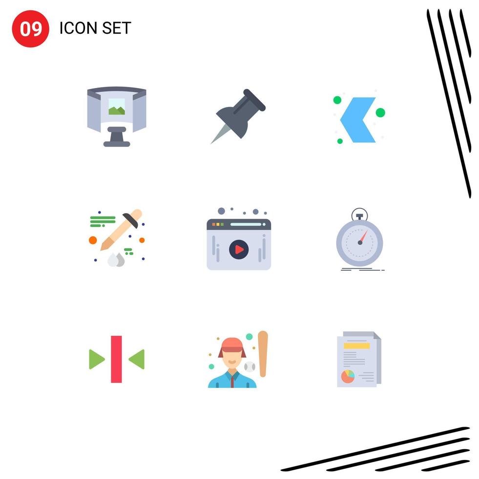 pacote de cores planas de 9 símbolos universais de elementos de design de vetores editáveis de conta-gotas de vídeo esquerdo feito na web