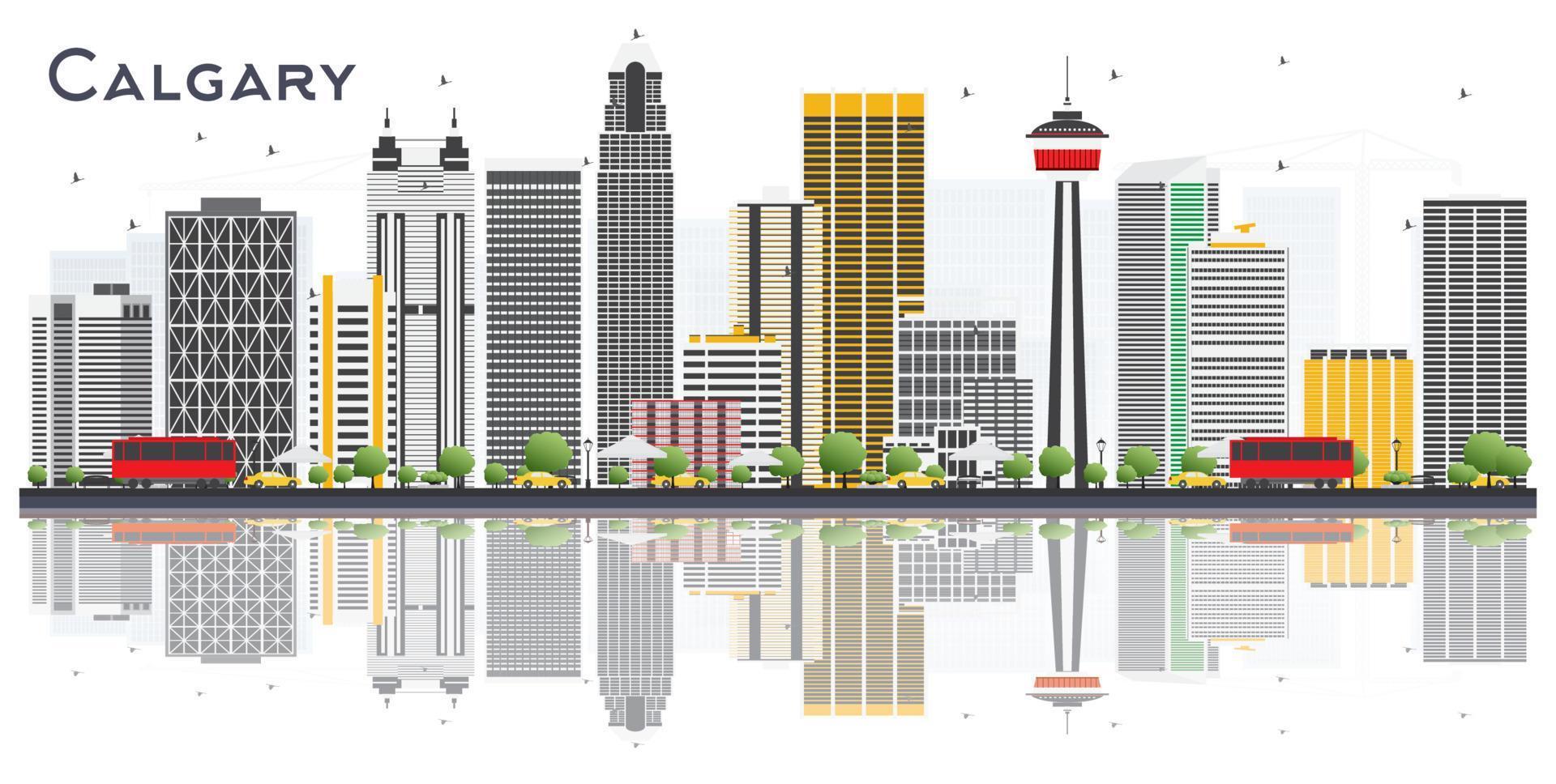 Skyline da cidade de Calgary Canadá com edifícios cinza e reflexões sobre fundo branco. vetor