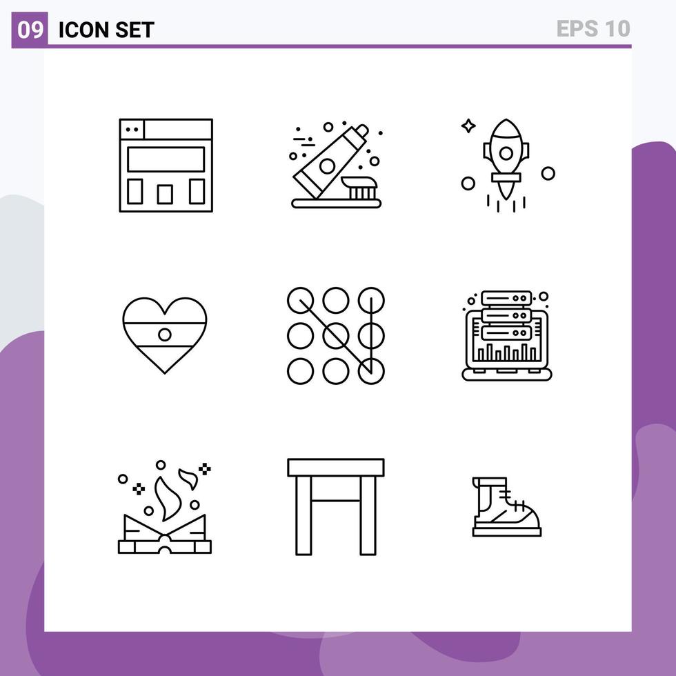 9 ícones criativos, sinais modernos e símbolos de padrão de análise, bloqueio de espaço, coração, elementos de design vetoriais editáveis vetor