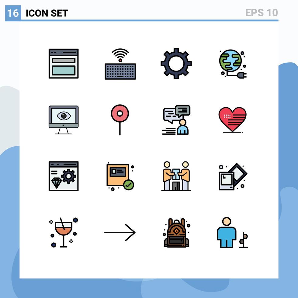 pacote de 16 sinais e símbolos modernos de linhas cheias de cores planas para mídia impressa na web, como gerenciamento de privacidade de vídeo, globo on-line, elementos de design de vetores criativos editáveis