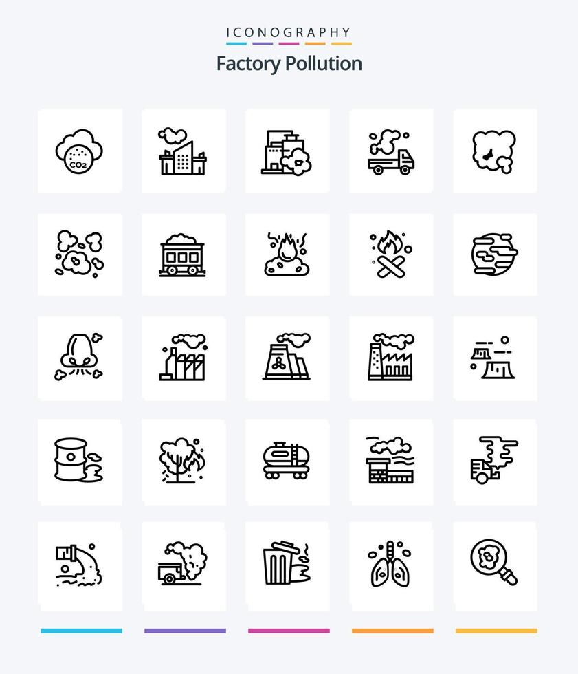 poluição de fábrica criativa 25 pacote de ícones de contorno, como poeira. poluição pm. caminhão. ambiente. ar vetor