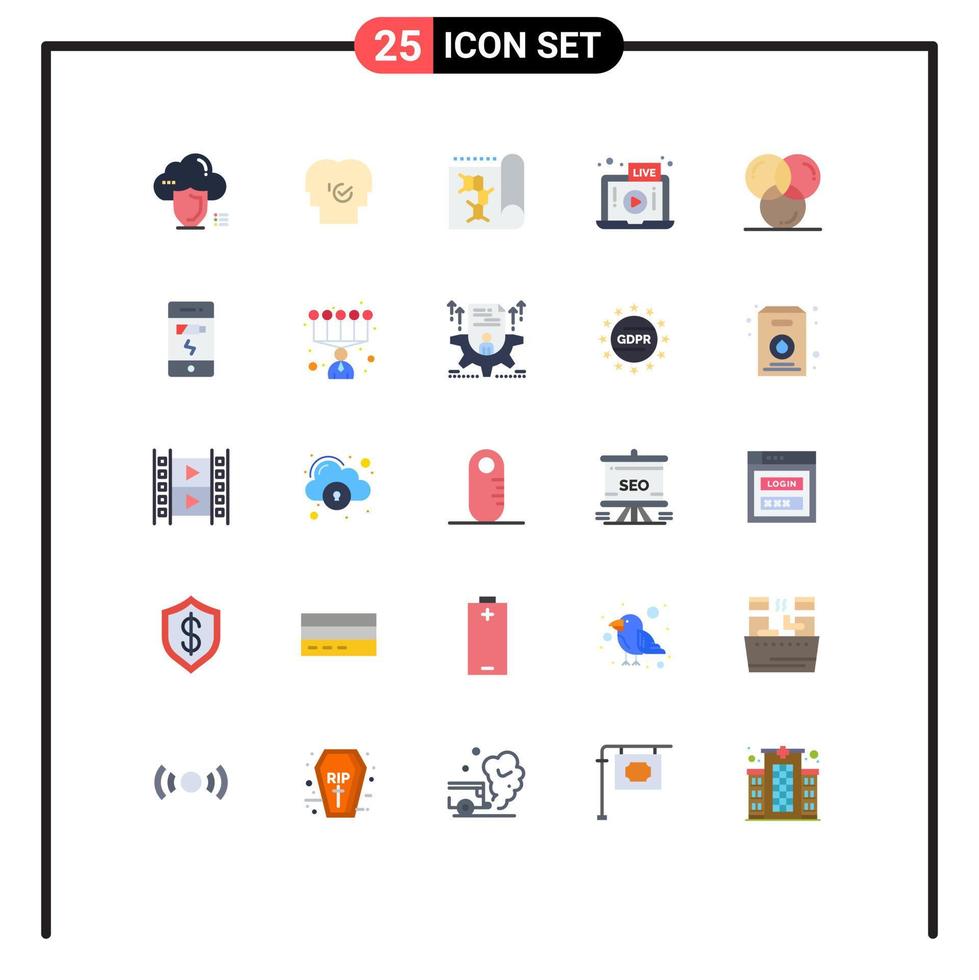 grupo de símbolos de ícone universal de 25 cores planas modernas de recursos de vídeo de laptop relatório ao vivo elementos de design de vetores editáveis