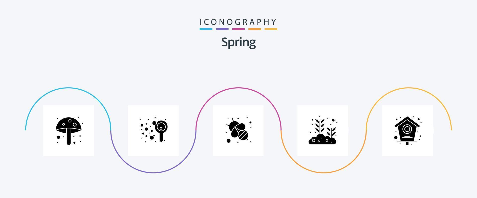 pacote de ícones de glifo de primavera 5, incluindo casa. pássaro. abelha. semente crescendo. folha vetor