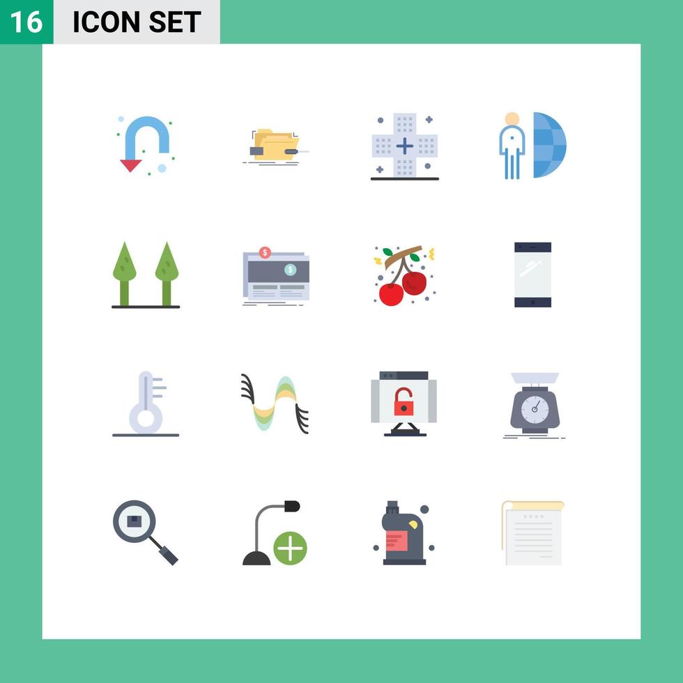 Pacote de cores planas de 16 interfaces de usuário de sinais e símbolos modernos de pessoa, pacote editável de saúde freelance técnico de internet de elementos de design de vetores criativos