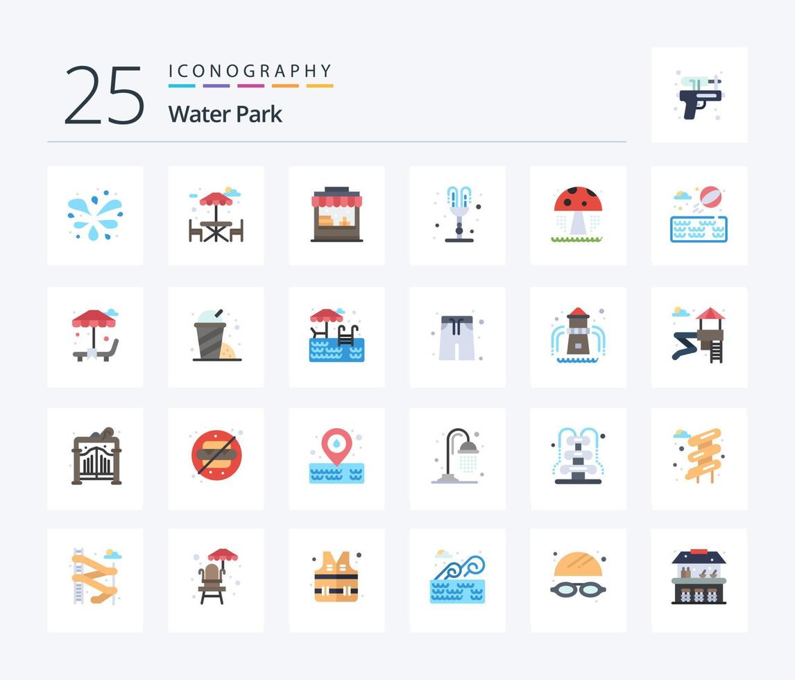 parque aquático 25 pacote de ícones de cores planas, incluindo água. cogumelo. parque. parque. Dia dos Namorados vetor