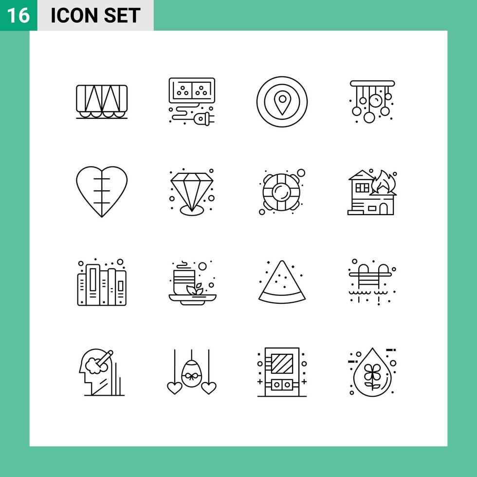 conjunto de pictogramas de 16 contornos simples de sinais médicos, prêmios em forma de coração, coração, vida, elementos de design de vetores editáveis