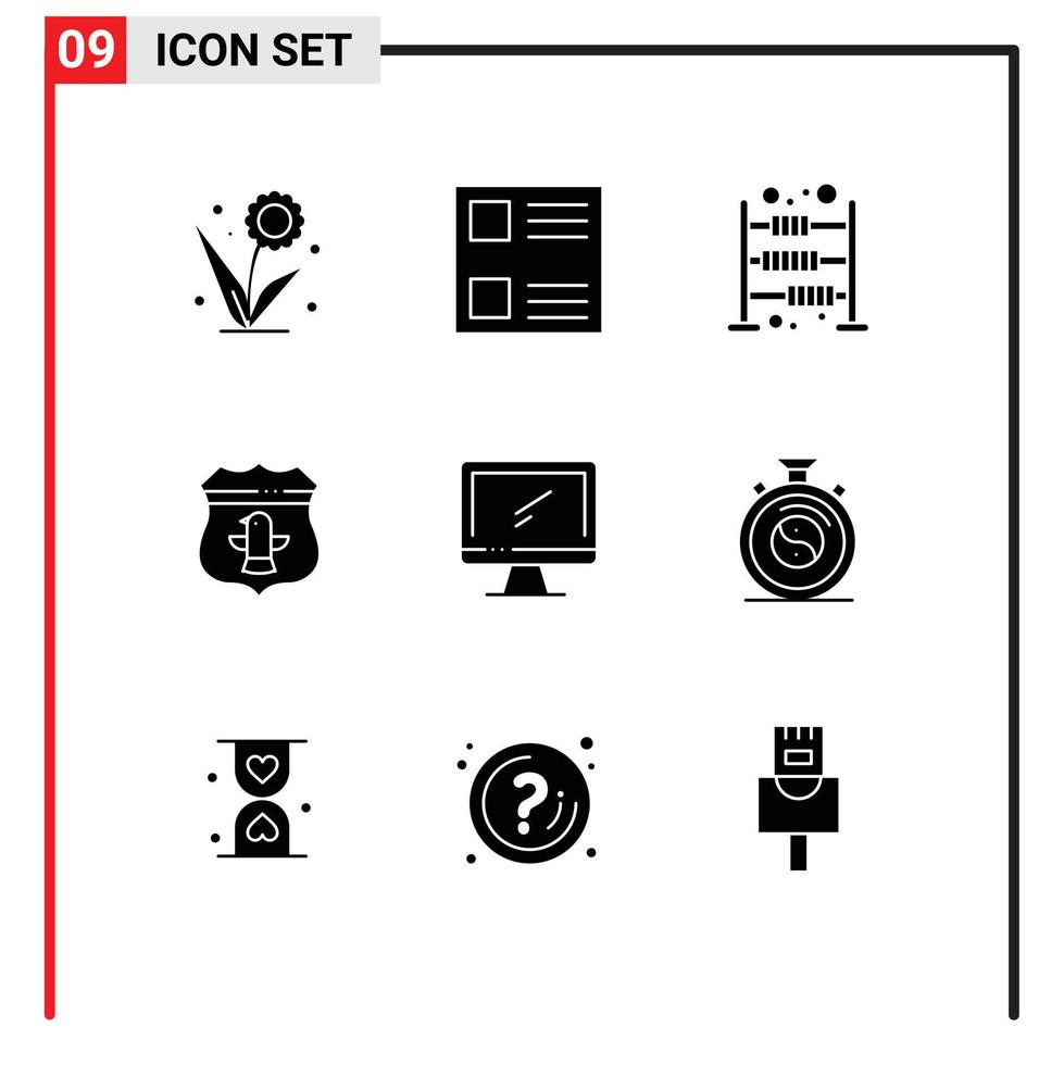 9 ícones criativos sinais modernos e símbolos de segurança do monitor ábaco escudo americano elementos de design vetoriais editáveis vetor