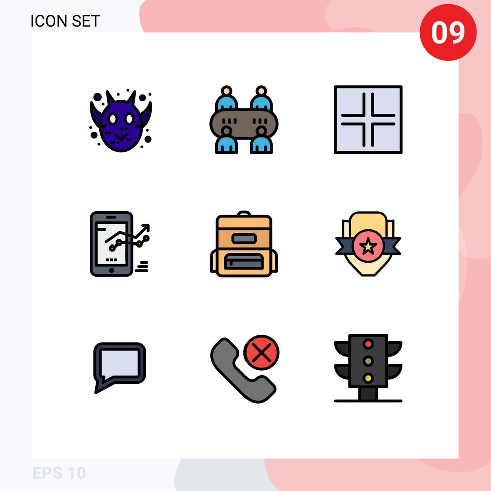 conjunto de cores planas de linha preenchida de interface móvel de 9 pictogramas de símbolos de mochila escolar stat elementos de design de vetores editáveis móveis