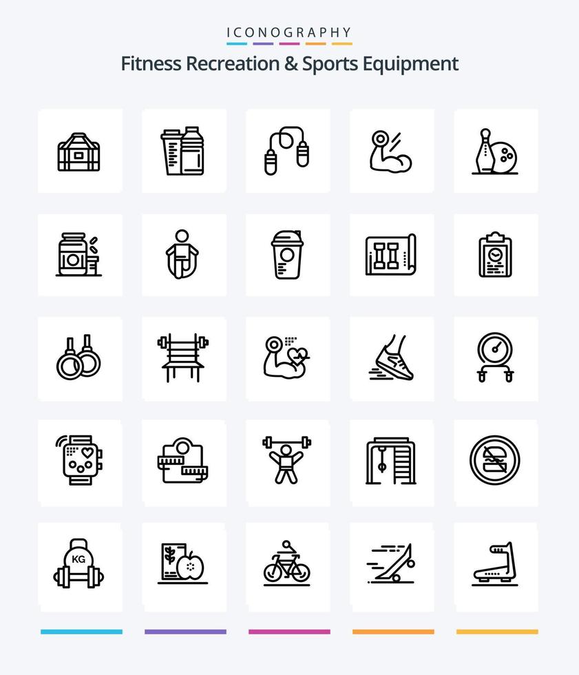 recreação de fitness criativa e equipamento esportivo 25 pacote de ícones de contorno, como treino. crescimento. esporte. musculação. pulando vetor