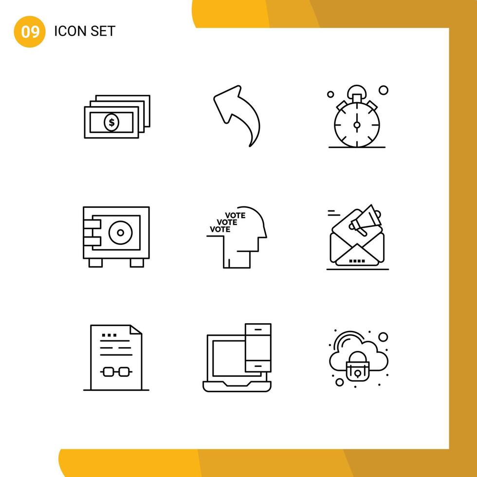 grupo de 9 sinais e símbolos de contornos para elementos de design de vetor editável de dinheiro de armário de cédula de votação