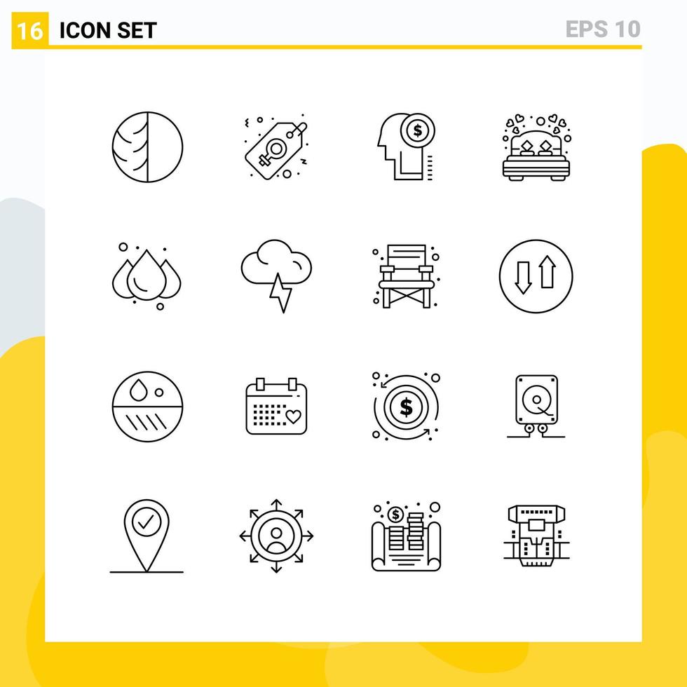 conjunto de 16 sinais de símbolos de ícones de interface do usuário modernos para preço de cama de amor pensando em elementos de design de vetores editáveis