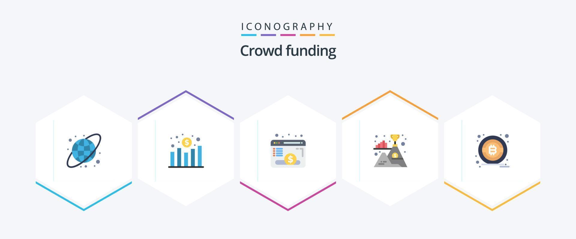 crowdfunding pacote de 25 ícones planos, incluindo btc. bitcoin. página da Internet. vencedora. montanha vetor