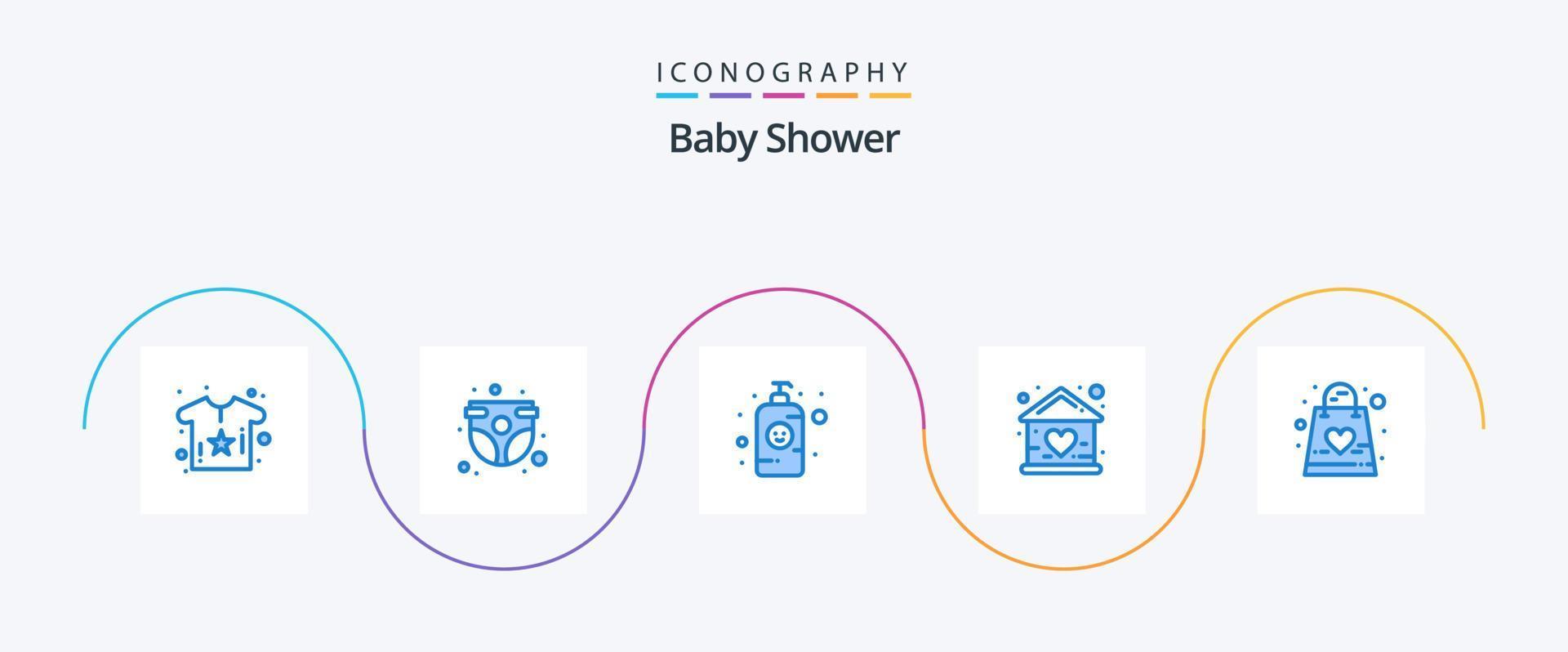 pacote de ícones azul 5 para chá de bebê, incluindo casa. boneca. infantil. prédio. frasco de loção vetor