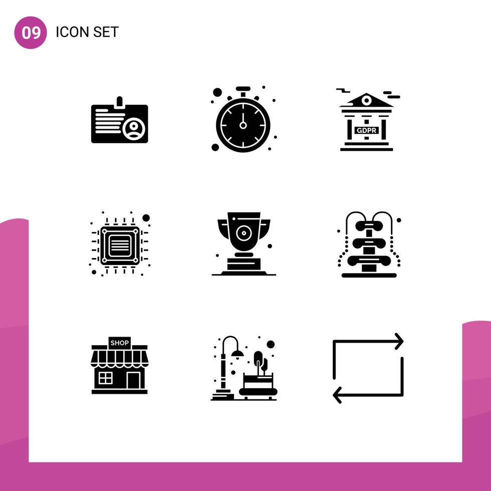 conjunto de pictogramas de 9 glifos sólidos simples de elementos de design de vetores editáveis de chip futuro de banco inteligente de troféu