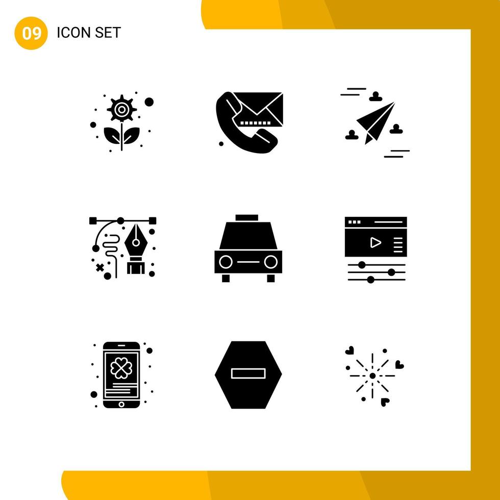 conjunto de glifos sólidos de interface móvel de 9 pictogramas de design de mensagens de desenho a lápis voar elementos de design de vetores editáveis