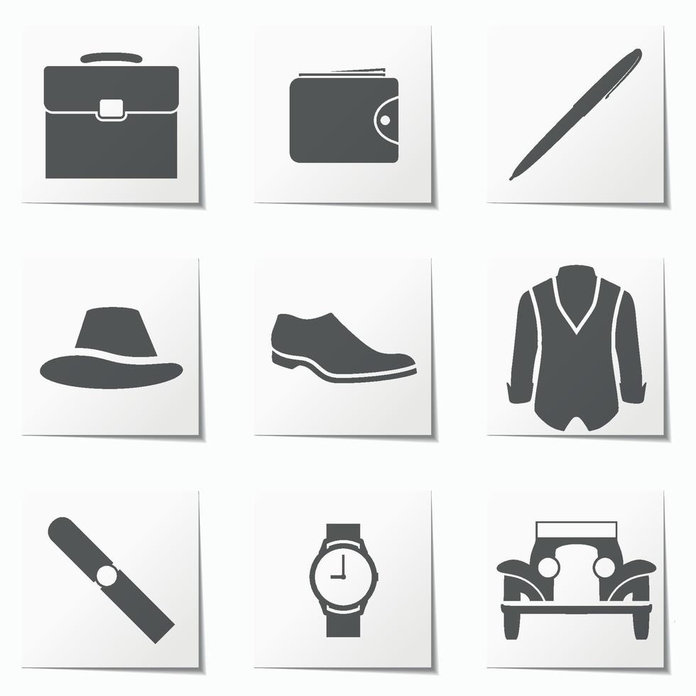 conjunto de ícones em acessórios de tema para ícone masculino, retrô, efeito de papel dobrado em cinza vetor