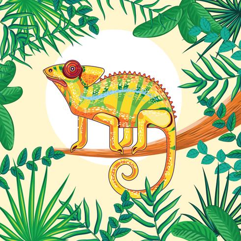 Chameleon fantasy yellow colors with tropical jungle background vetor
