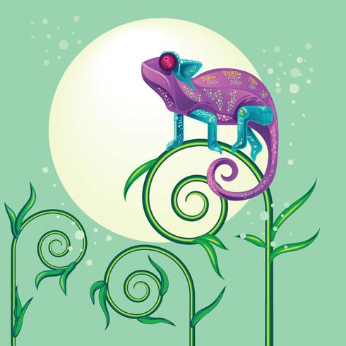 Lagarto de camaleão violeta bonito de pé em uma planta vetor