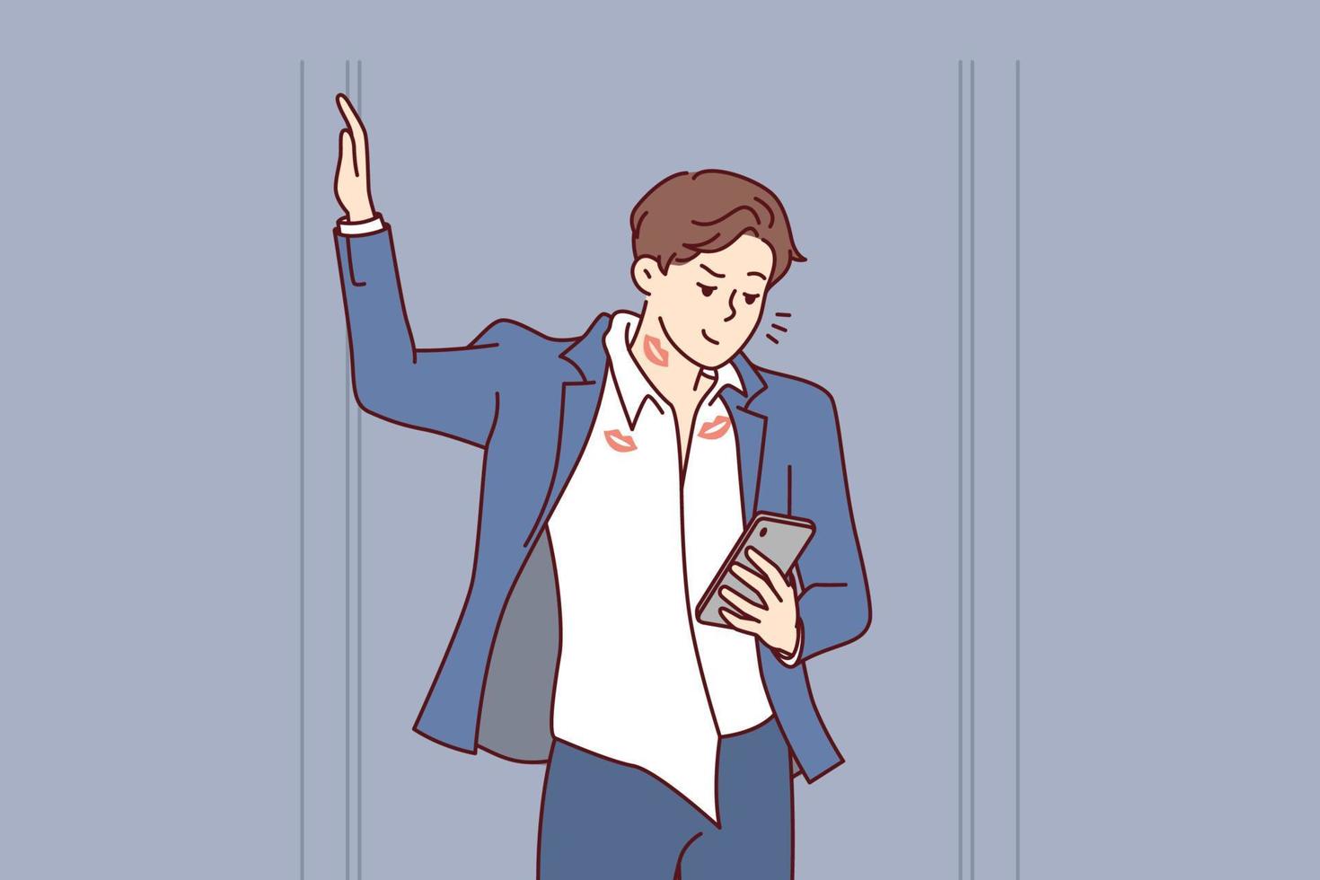 homem com telefone na mão com traços de batom nas roupas e pescoço está mandando mensagens de texto para a garota depois do encontro. cara de jaqueta e camisa desgrenhada usa smartphone após noite romântica. ilustração vetorial plana vetor