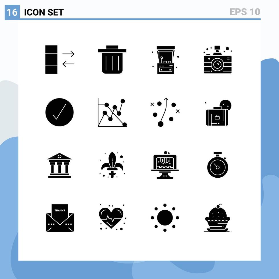 16 glifos sólidos vetoriais temáticos e símbolos editáveis do gráfico ok, câmera completa, verificação de elementos editáveis de design vetorial vetor