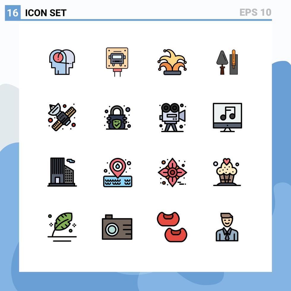 conjunto de linha preenchida de cor plana de interface móvel de 16 pictogramas de alvenaria de comunicação melhor espátula de construção elementos de design de vetor criativo editáveis