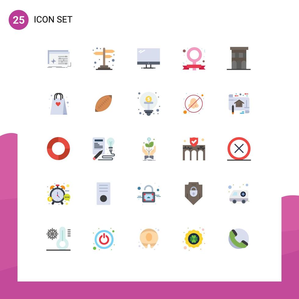conjunto de cores planas de interface móvel de 25 pictogramas de elementos de design de vetores editáveis de banner de campanha feminista imac
